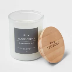 9oz Milky White Glass Woodwick Candle With Wood Lid And Stamped Logo Black Cedar - Threshold™ -Home Decor Store GUEST 03c5dd05 5786 45f7 806d 1bc1a99debba