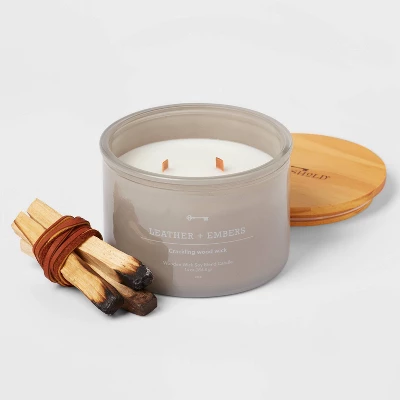 14oz Lidded Gray Glass Jar Crackling Wooden 3-Wick Candle With Clear Label Leather + Embers - Threshold™ 2 14oz Lidded Gray Glass Jar Crackling Wooden 3-Wick Candle With Clear Label Leather + Embers - Threshold™ - Image 2