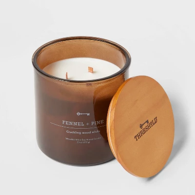 23oz XL 3-Wick Fennel + Pine Wooden Amber Glass With Wood Lid And Stamped Logo Amber Candle - Threshold™ 2 23oz XL 3-Wick Fennel + Pine Wooden Amber Glass With Wood Lid And Stamped Logo Amber Candle - Threshold™ - Image 2