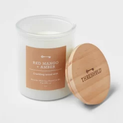 9oz Milky White Glass Woodwick Candle With Wood Lid And Stamped Logo Red Mango And Amber - Threshold™ -Home Decor Store GUEST 9aacec11 0eca 4f81 bfbd fa783826e91e
